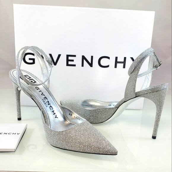 NWT$825 Givenchy Logo Ankle-Strap Silver Glitter Leather Pumps 100 Heels Sz 9 - Picture 1 of 16